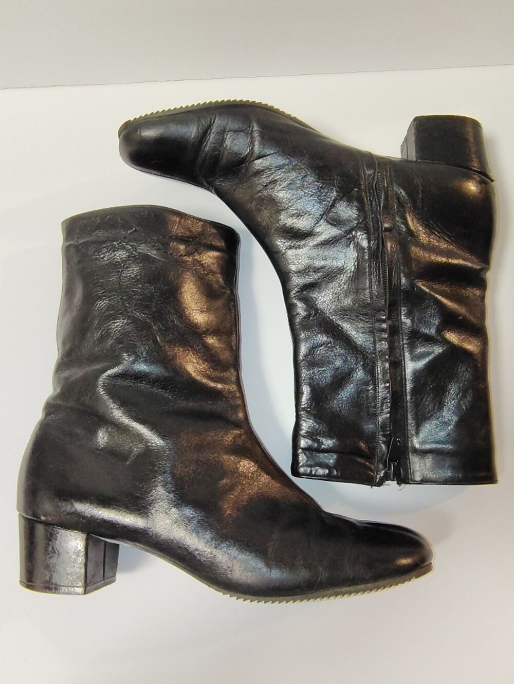 Florsheim Women's Vintage Black Leather Mid Calf Zip Block Heel Boots 70's Look - Picture 4 of 9